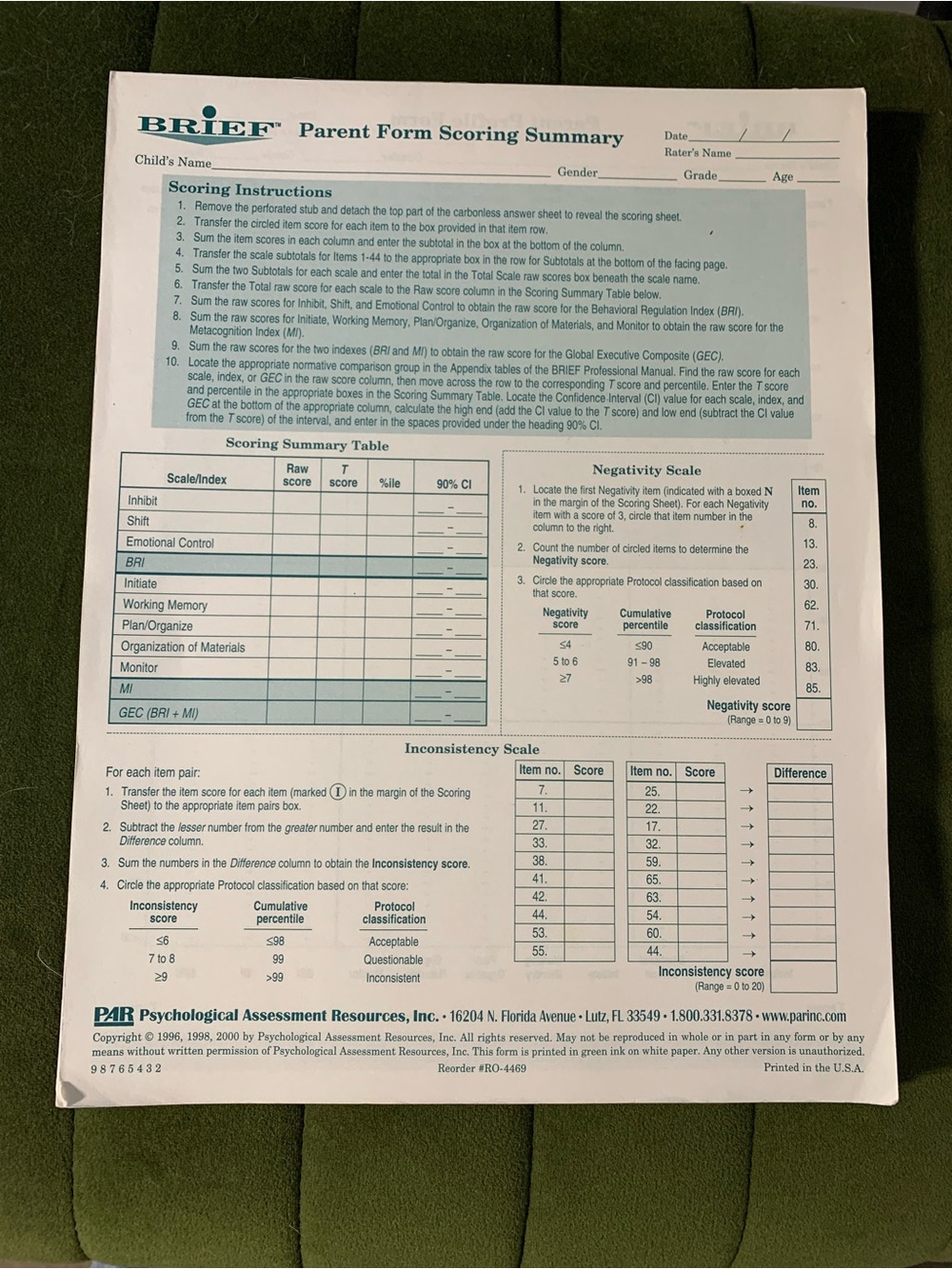 BRIEF - Behavior Rating Inventory of Executive Function PARENT FORM 47 Pieces